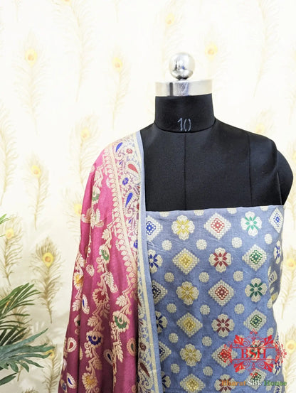 Light Slate Banarasi Silk Unstitched Suit Set - Bharat Silk House Banarasi Cotton