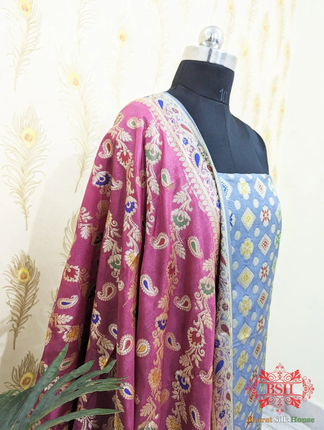 Light Slate Banarasi Silk Unstitched Suit Set - Bharat Silk House Banarasi Cotton
