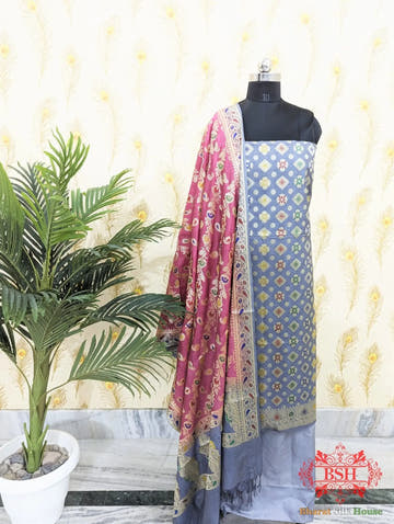 Light Slate Banarasi Silk Unstitched Suit Set - Bharat Silk House Banarasi Cotton