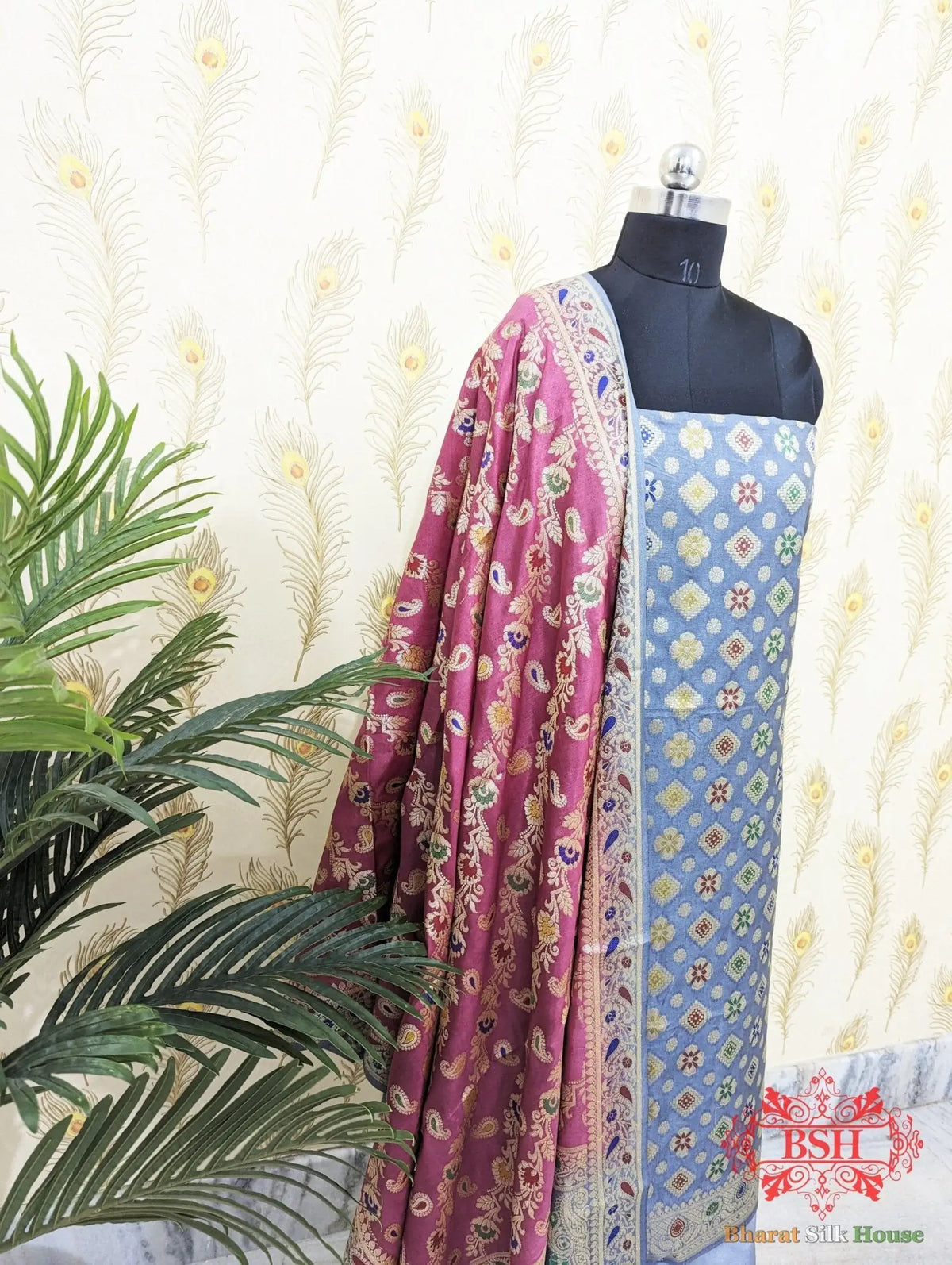 Light Slate Banarasi Silk Unstitched Suit Set - Bharat Silk House Banarasi Cotton