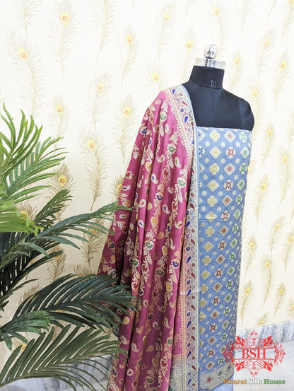 Light Slate Banarasi Silk Unstitched Suit Set - Bharat Silk House Banarasi Cotton