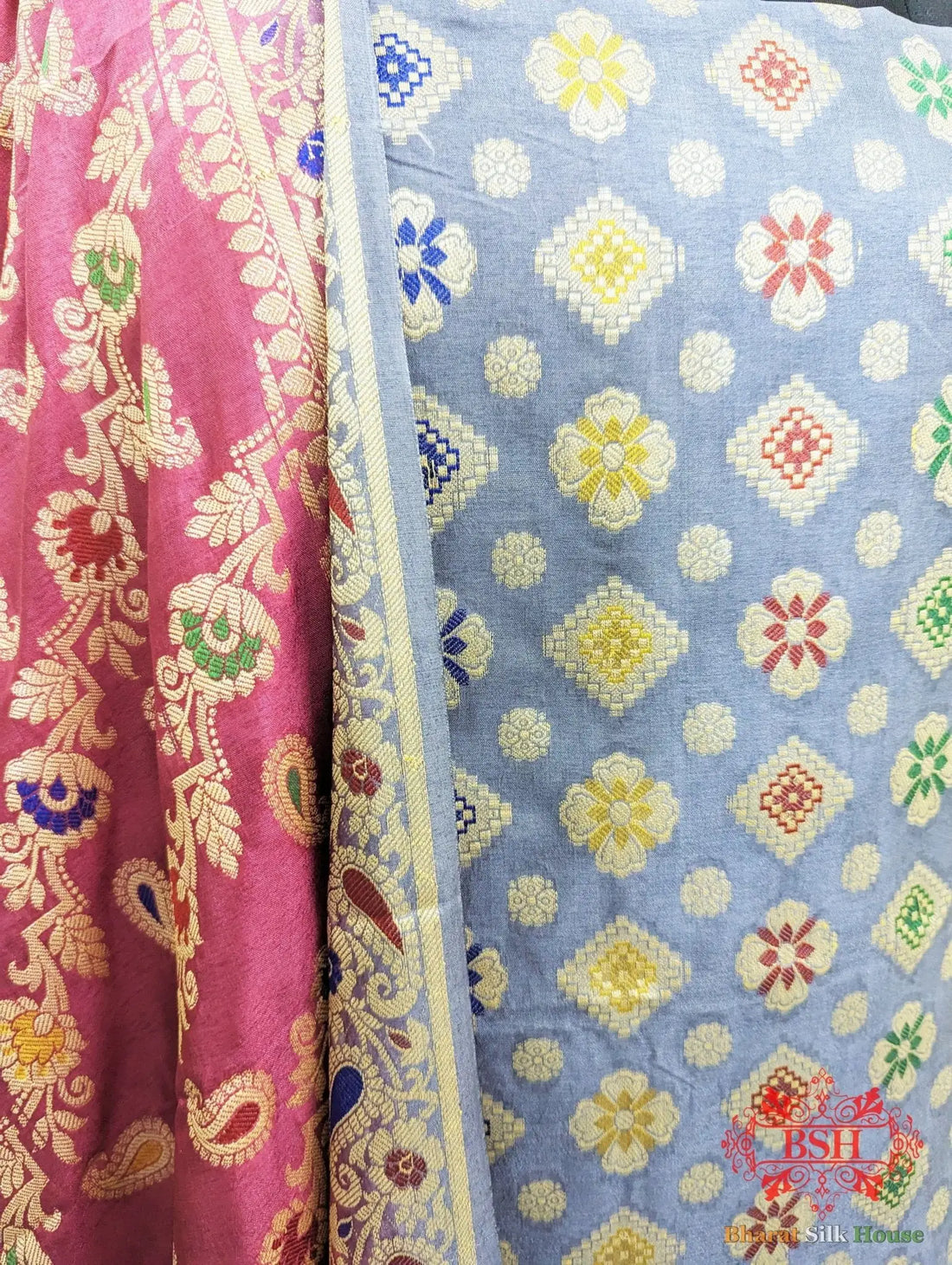 Light Slate Banarasi Silk Unstitched Suit Set - Bharat Silk House Banarasi Cotton