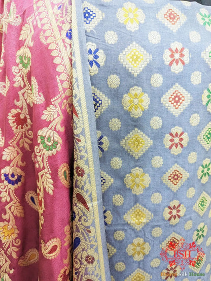 Light Slate Banarasi Silk Unstitched Suit Set - Bharat Silk House Banarasi Cotton