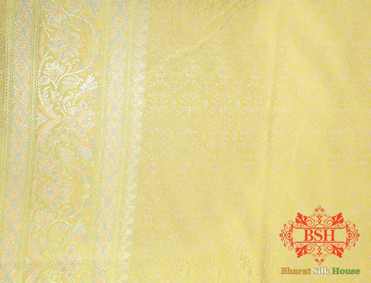 Light Yellow Dohri Resham Zari Booti Tanchoi Silk Saree - Bharat Silk House Tanchoi katan
