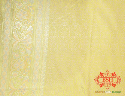 Light Yellow Dohri Resham Zari Booti Tanchoi Silk Saree - Bharat Silk House Tanchoi katan