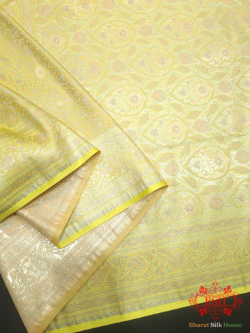 Light Yellow Dohri Resham Zari Booti Tanchoi Silk Saree - Bharat Silk House Tanchoi katan