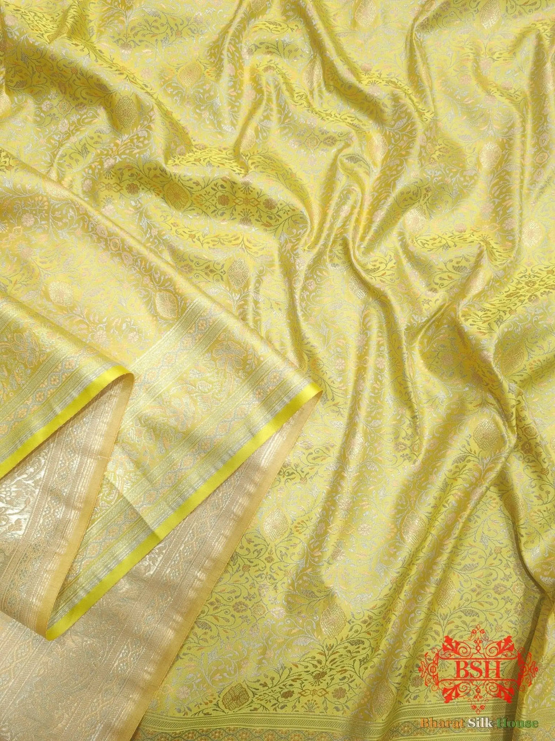 Light Yellow Dohri Resham Zari Booti Tanchoi Silk Saree - Bharat Silk House Tanchoi katan