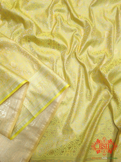 Light Yellow Dohri Resham Zari Booti Tanchoi Silk Saree - Bharat Silk House Tanchoi katan