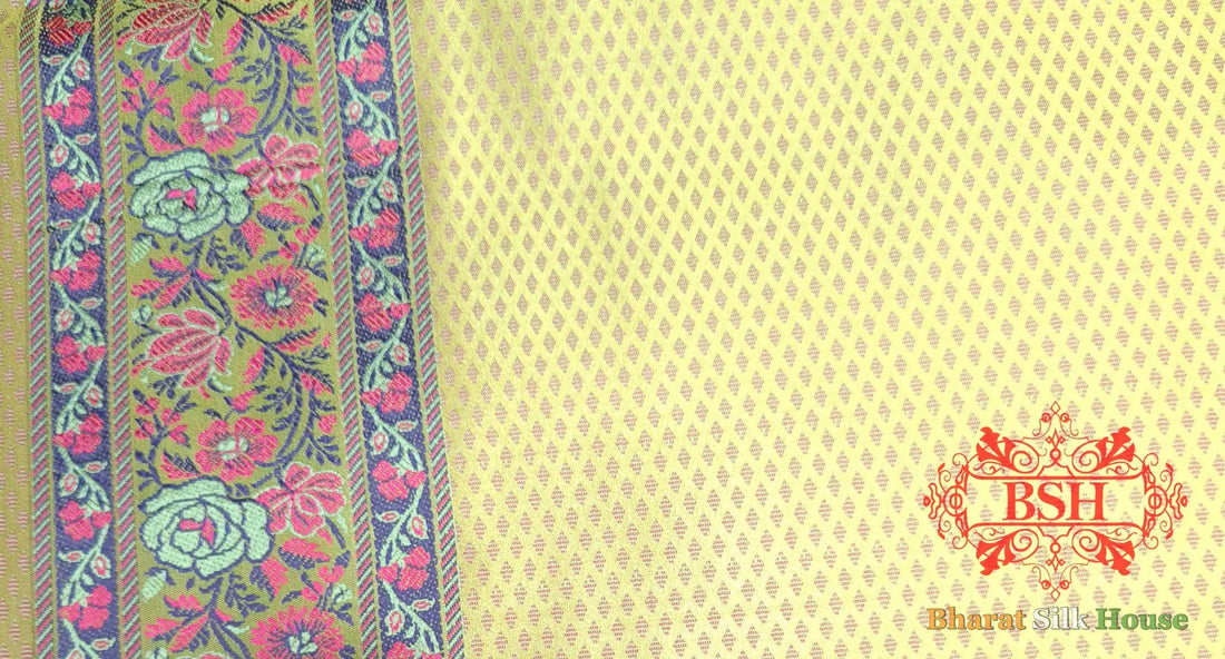 Lime Green Chauthera (Four Color) Resham Zari Tanchoi Katan Silk Saree - Bharat Silk House Tanchoi katan