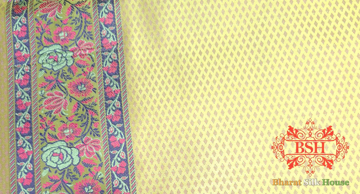 Lime Green Chauthera (Four Color) Resham Zari Tanchoi Katan Silk Saree - Bharat Silk House Tanchoi katan