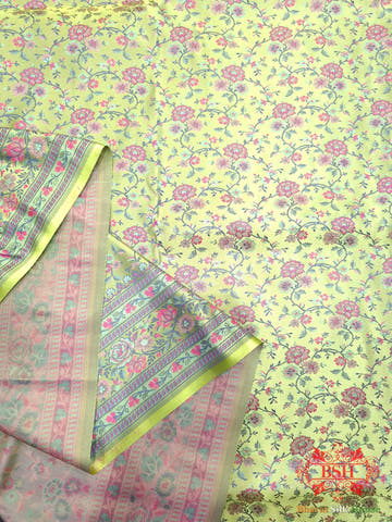 Lime Green Chauthera (Four Color) Resham Zari Tanchoi Katan Silk Saree - Bharat Silk House Tanchoi katan