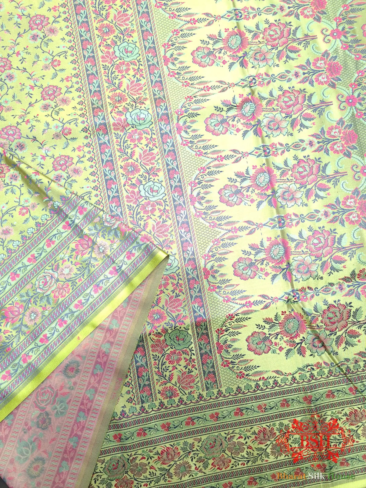 Lime Green Chauthera (Four Color) Resham Zari Tanchoi Katan Silk Saree - Bharat Silk House Tanchoi katan