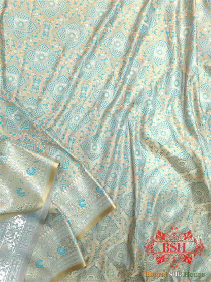 Lime Shades Of Green Dohri Resham Zari Booti Tanchoi Silk Saree - Bharat Silk House Tanchoi katan