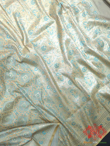 Lime Shades Of Green Dohri Resham Zari Booti Tanchoi Silk Saree - Bharat Silk House Tanchoi katan
