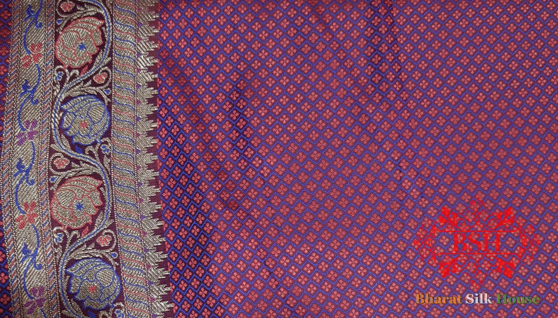 Magenta Dohri Resham Zari Booti Tanchoi Silk Saree - Bharat Silk House Tanchoi katan
