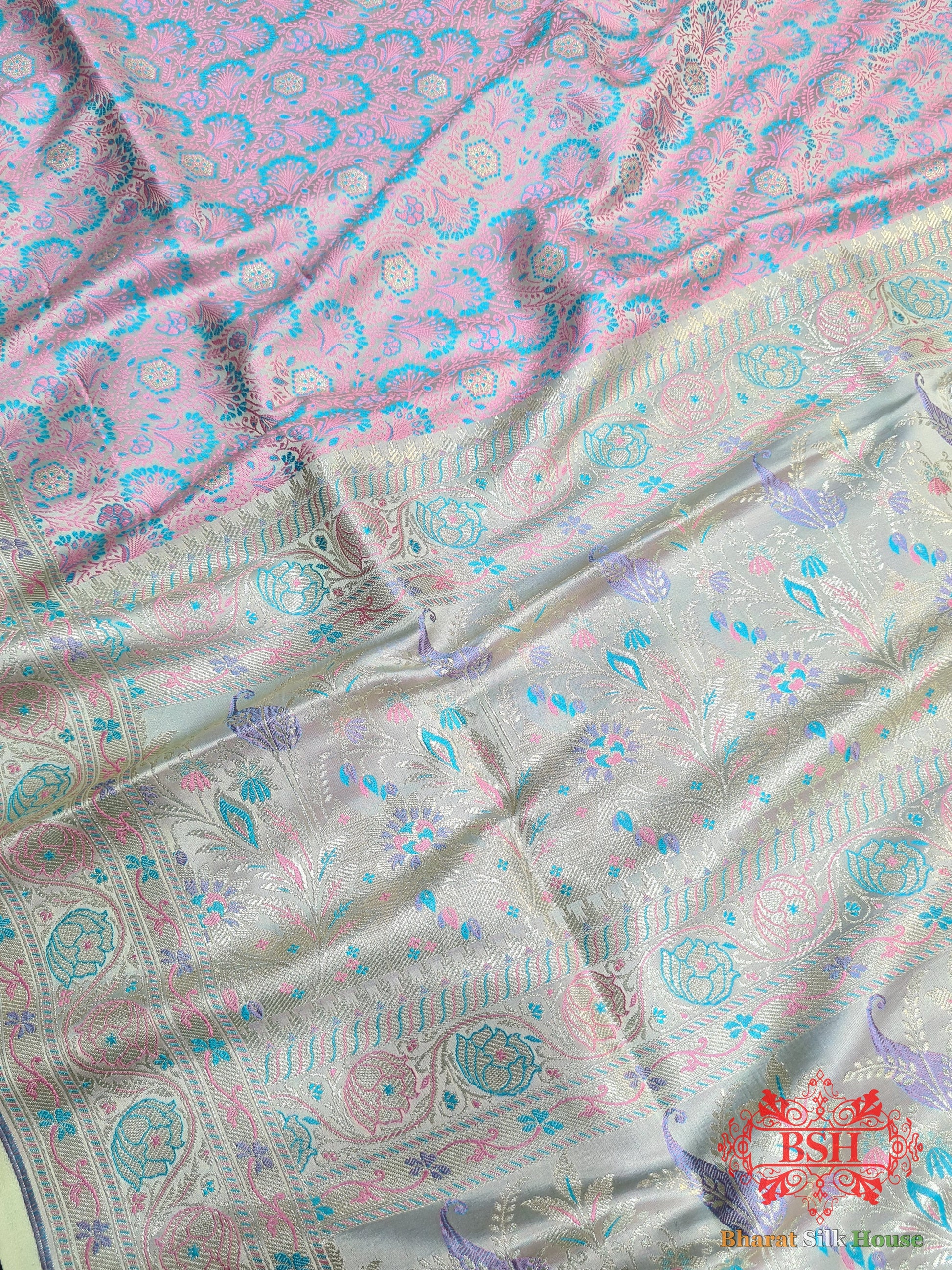 Mint Green Dohri Resham Zari Booti Tanchoi Silk Saree - Bharat Silk House