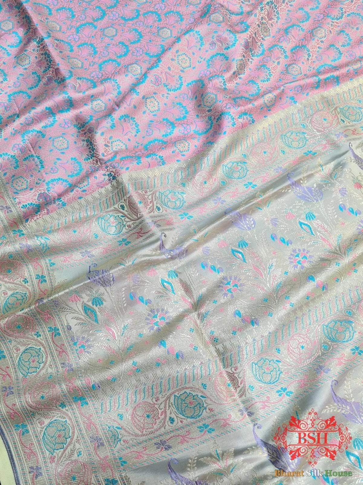 Mint Green Dohri Resham Zari Booti Tanchoi Silk Saree - Bharat Silk House Tanchoi katan
