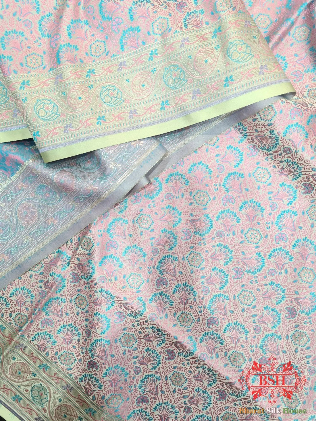 Mint Green Dohri Resham Zari Booti Tanchoi Silk Saree - Bharat Silk House Tanchoi katan