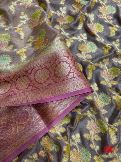 Multi Colour Handbrush Dyed Pure Chiffon All Over Flower Jaal Silk Saree - Bharat Silk House Chiffon Sarees