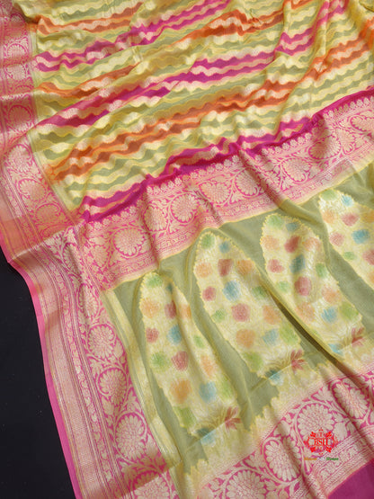 Multi Colour Pure Chiffon Handbrush Dyed Reshmi Zari Silk Saree - Bharat Silk House