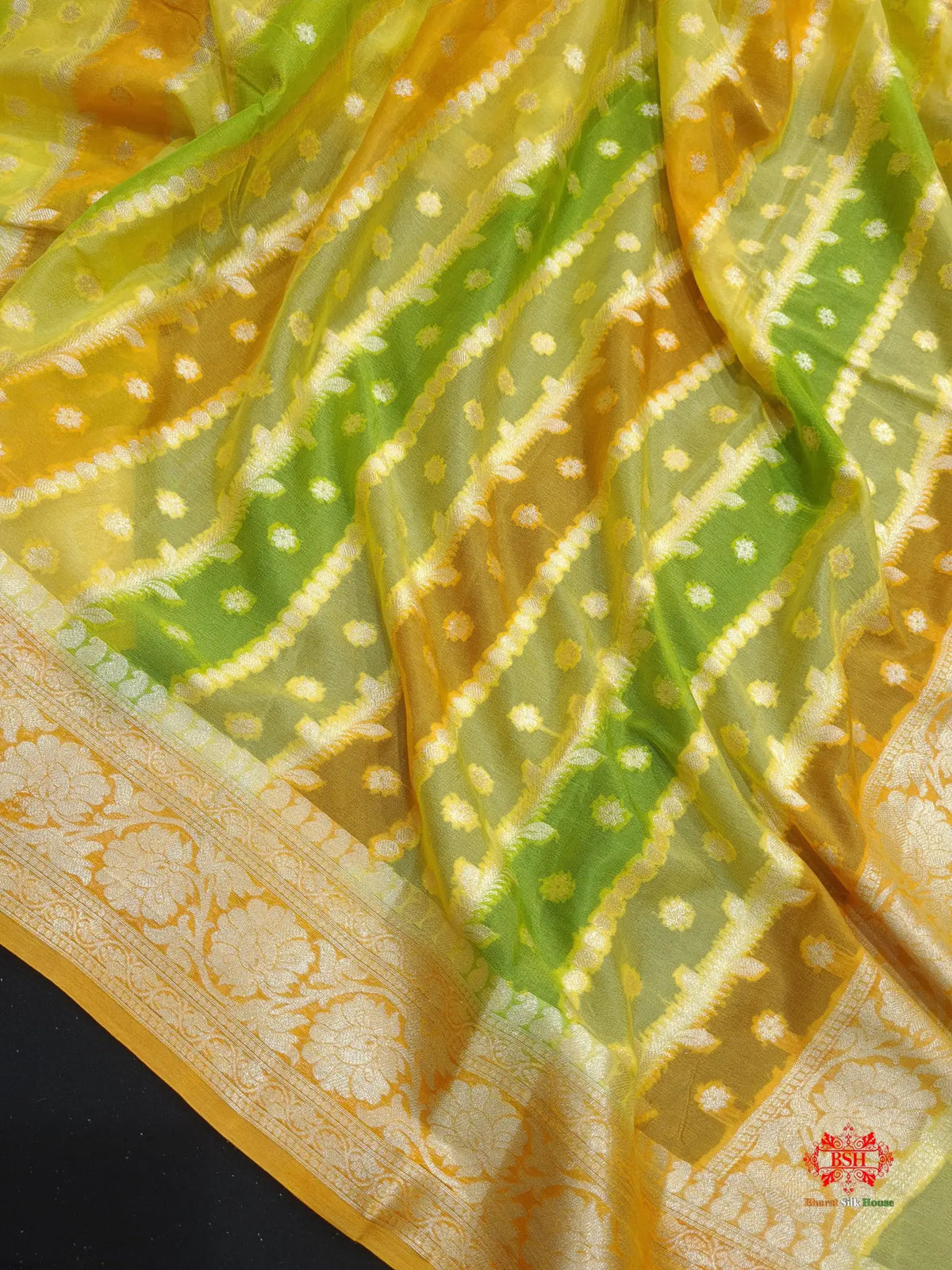 Multi Colour Pure Chiffon Handbrush Dyed Reshmi Zari Silk Saree - Bharat Silk House Chiffon Sarees