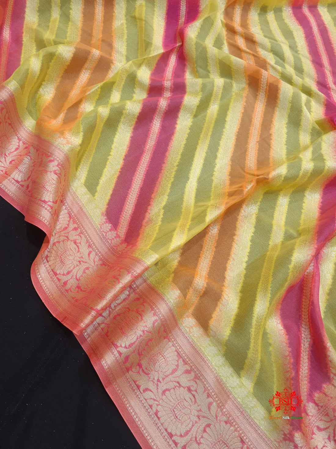 Multi Colour Pure Chiffon Handbrush Dyed Reshmi Zari Silk Saree - Bharat Silk House Chiffon Sarees