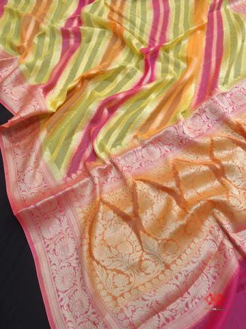 Multi Colour Pure Chiffon Handbrush Dyed Reshmi Zari Silk Saree - Bharat Silk House Chiffon Sarees