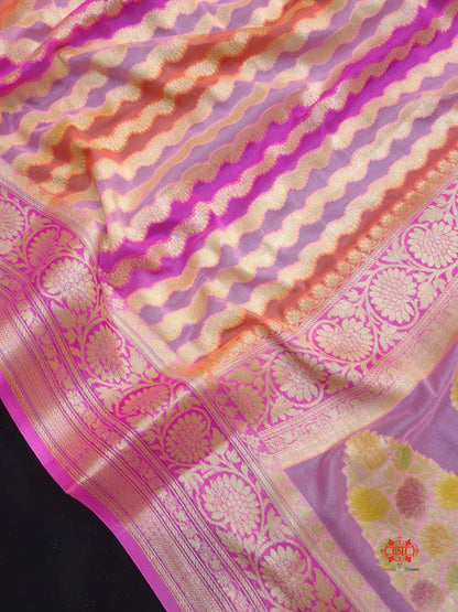 Multi Colour Pure Chiffon Handbrush Dyed Reshmi Zari Silk Saree - Bharat Silk House Chiffon Sarees