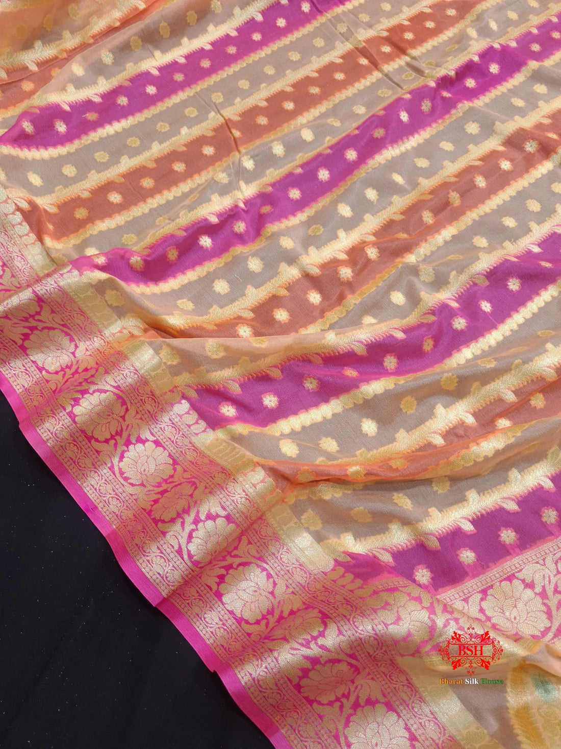 Multi Colour Pure Chiffon Handbrush Dyed Reshmi Zari Silk Saree - Bharat Silk House Chiffon Sarees