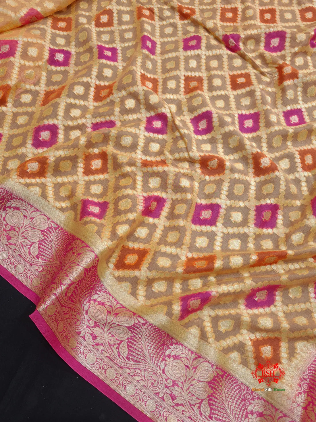Multi Colour Pure Chiffon Handbrush Dyed Reshmi Zari Silk Saree - Bharat Silk House Chiffon Sarees