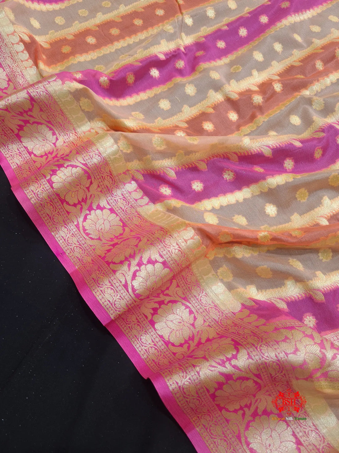 Multi Colour Pure Chiffon Handbrush Dyed Reshmi Zari Silk Saree - Bharat Silk House Chiffon Sarees