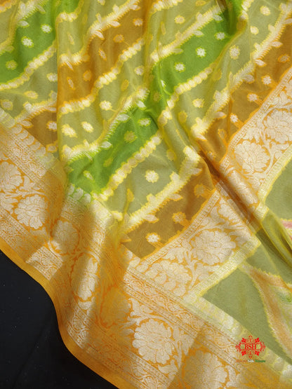 Multi Colour Pure Chiffon Handbrush Dyed Reshmi Zari Silk Saree - Bharat Silk House Chiffon Sarees