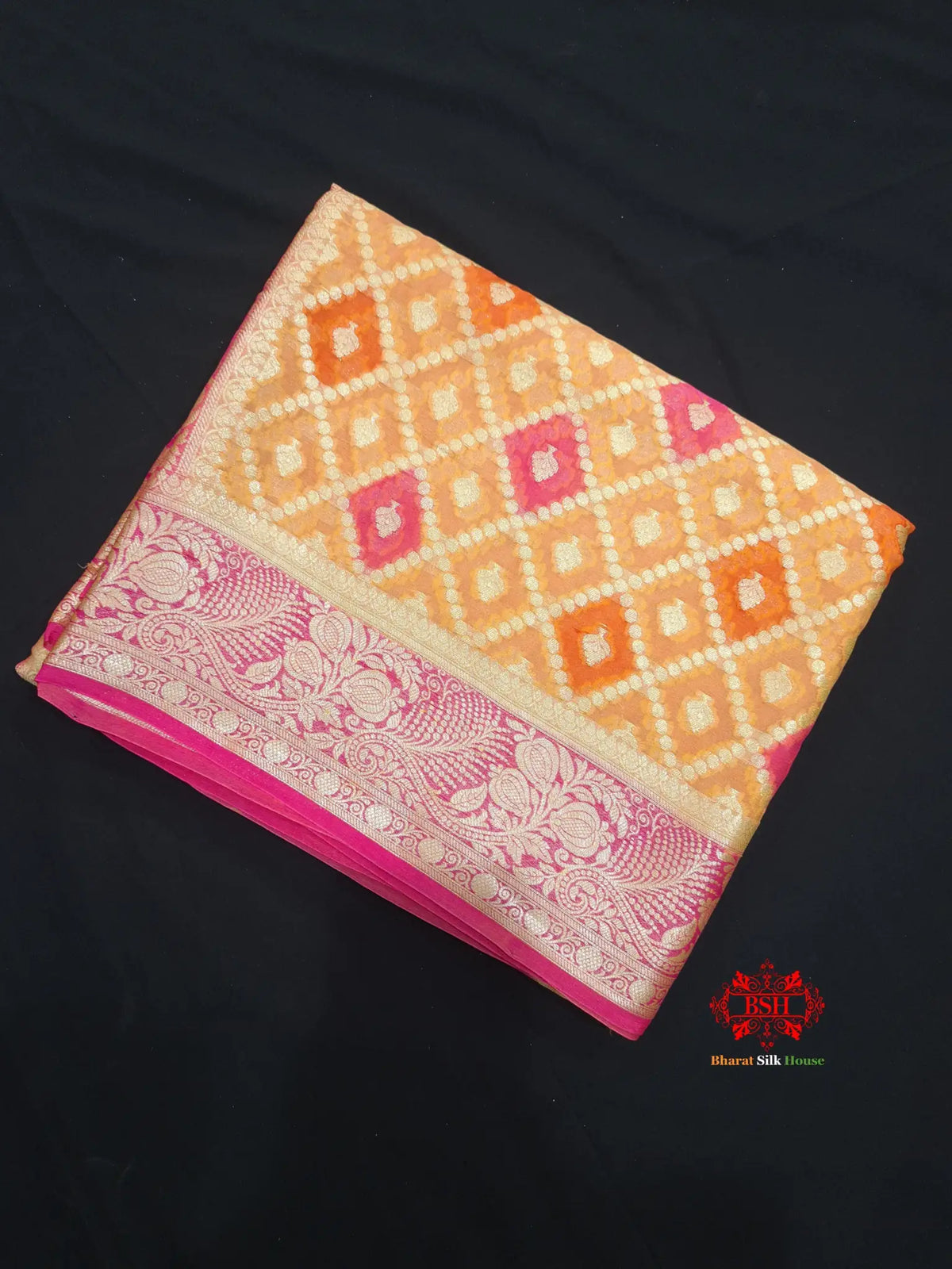 Multi Colour Pure Chiffon Handbrush Dyed Reshmi Zari Silk Saree - Bharat Silk House Chiffon Sarees