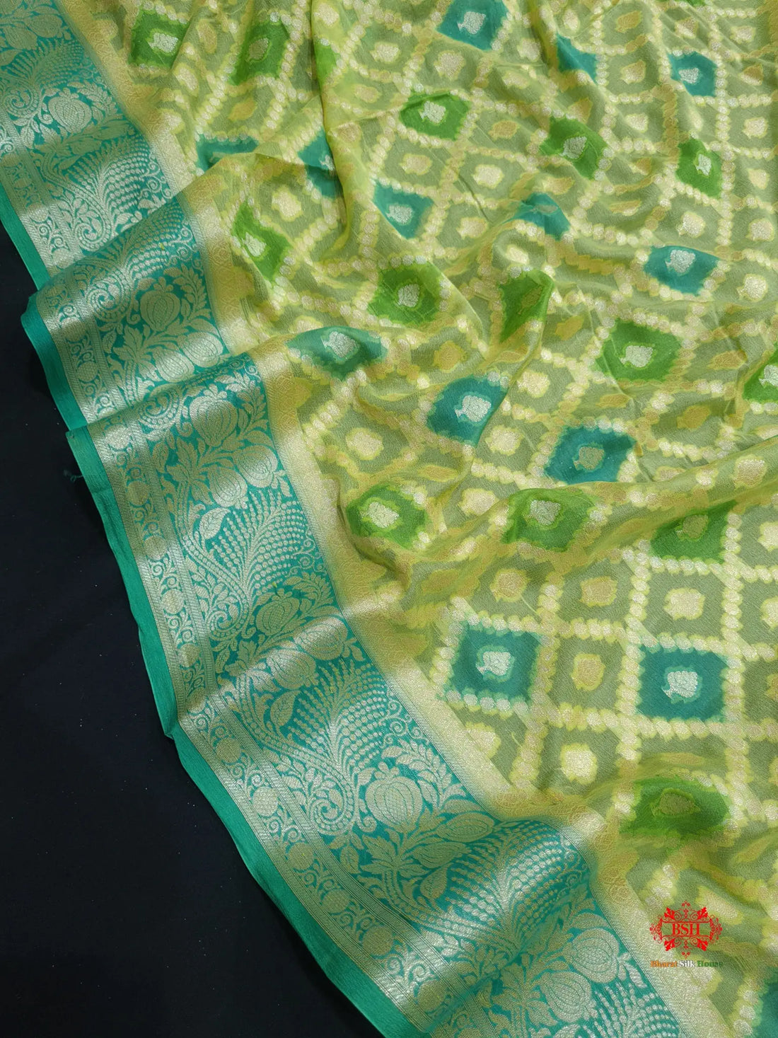 Multi Colour Pure Chiffon Handbrush Dyed Reshmi Zari Silk Saree - Bharat Silk House Chiffon Sarees