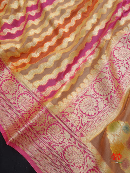 Multi Colour Pure Chiffon Handbrush Dyed Reshmi Zari Silk Saree - Bharat Silk House Chiffon Sarees