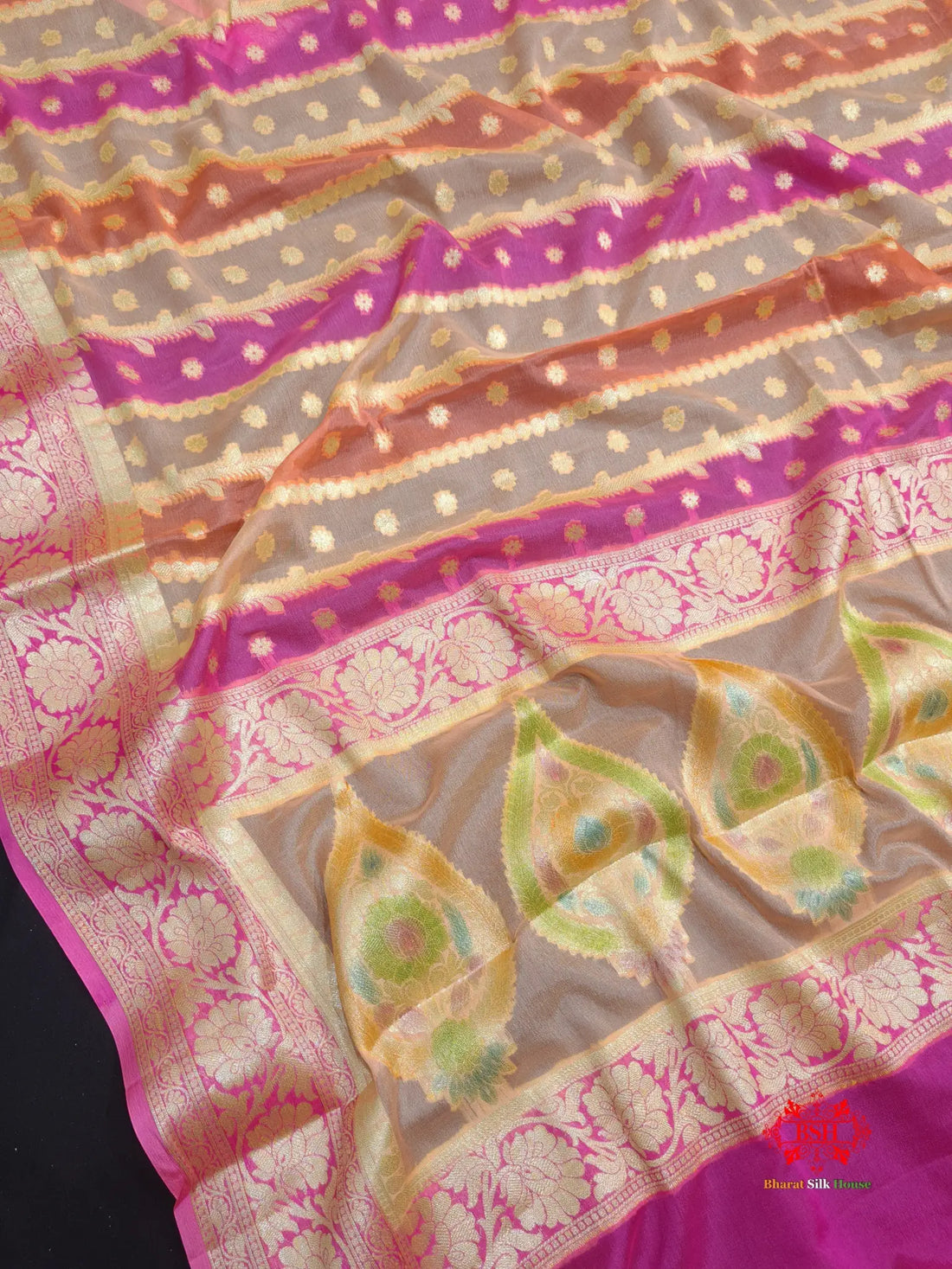Multi Colour Pure Chiffon Handbrush Dyed Reshmi Zari Silk Saree - Bharat Silk House Chiffon Sarees