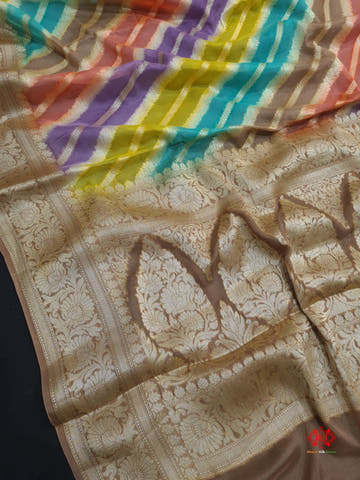 Multi Colour Pure Chiffon Handbrush Dyed Reshmi Zari Silk Saree - Bharat Silk House Chiffon Sarees