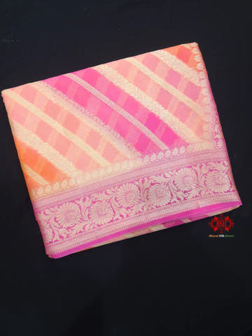 Multi Colour Pure Chiffon Handbrush Dyed Reshmi Zari Silk Saree - Bharat Silk House Chiffon Sarees