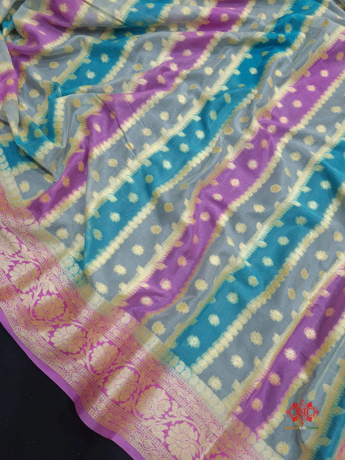 Multi Colour Pure Chiffon Handbrush Dyed Reshmi Zari Silk Saree - Bharat Silk House Chiffon Sarees