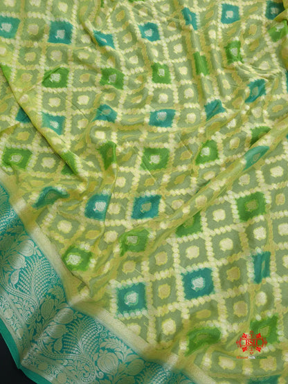 Multi Colour Pure Chiffon Handbrush Dyed Reshmi Zari Silk Saree - Bharat Silk House Chiffon Sarees