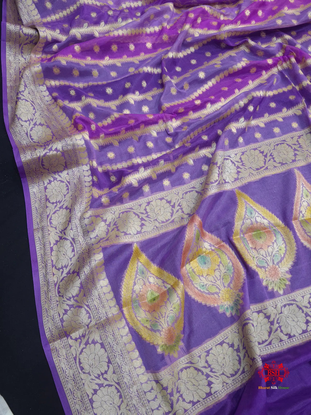Multi Colour Pure Chiffon Handbrush Dyed Reshmi Zari Silk Saree - Bharat Silk House Chiffon Sarees