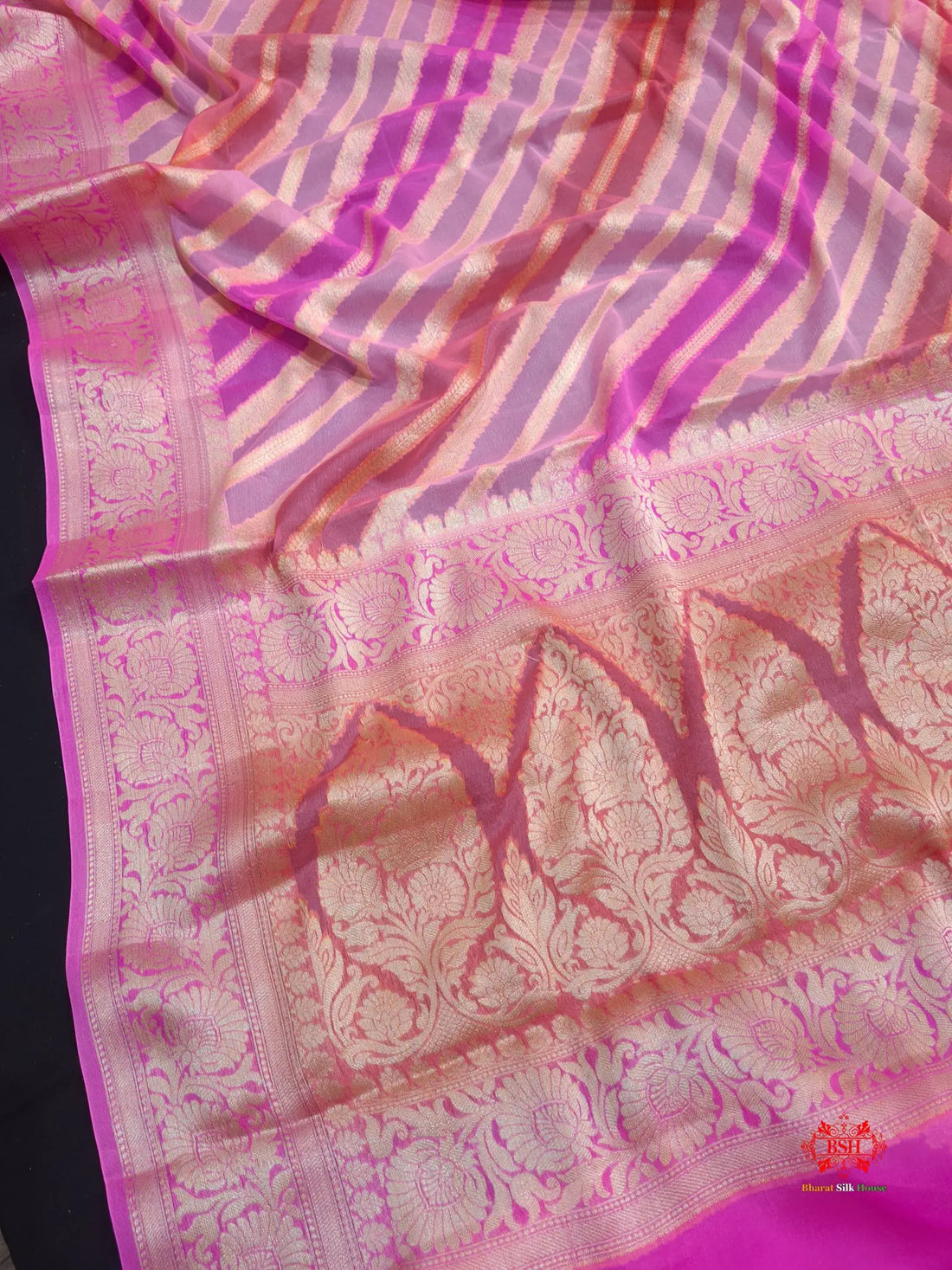 Multi Colour Pure Chiffon Handbrush Dyed Reshmi Zari Silk Saree - Bharat Silk House Chiffon Sarees