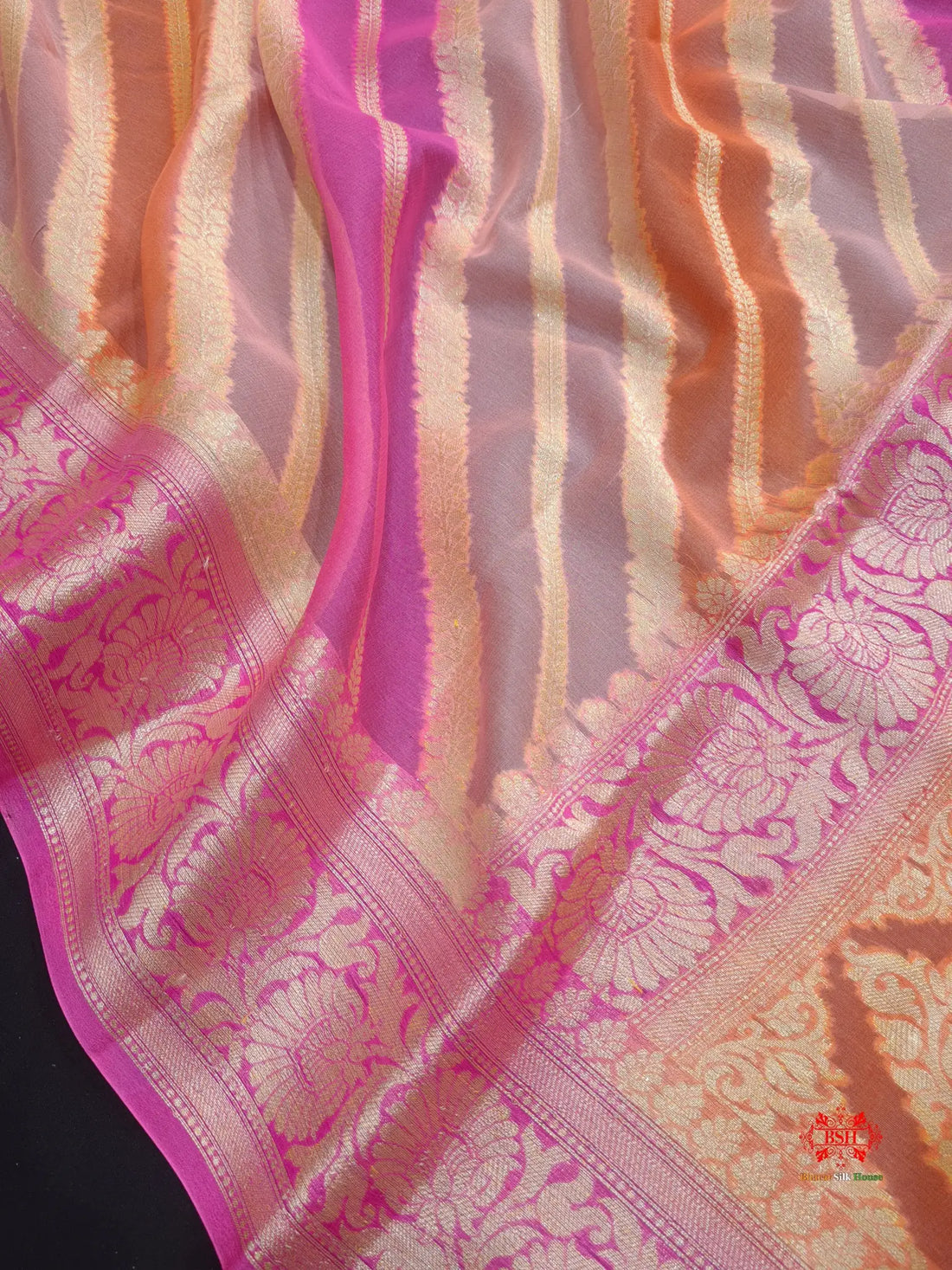 Multi Colour Pure Chiffon Handbrush Dyed Reshmi Zari Silk Saree - Bharat Silk House Chiffon Sarees