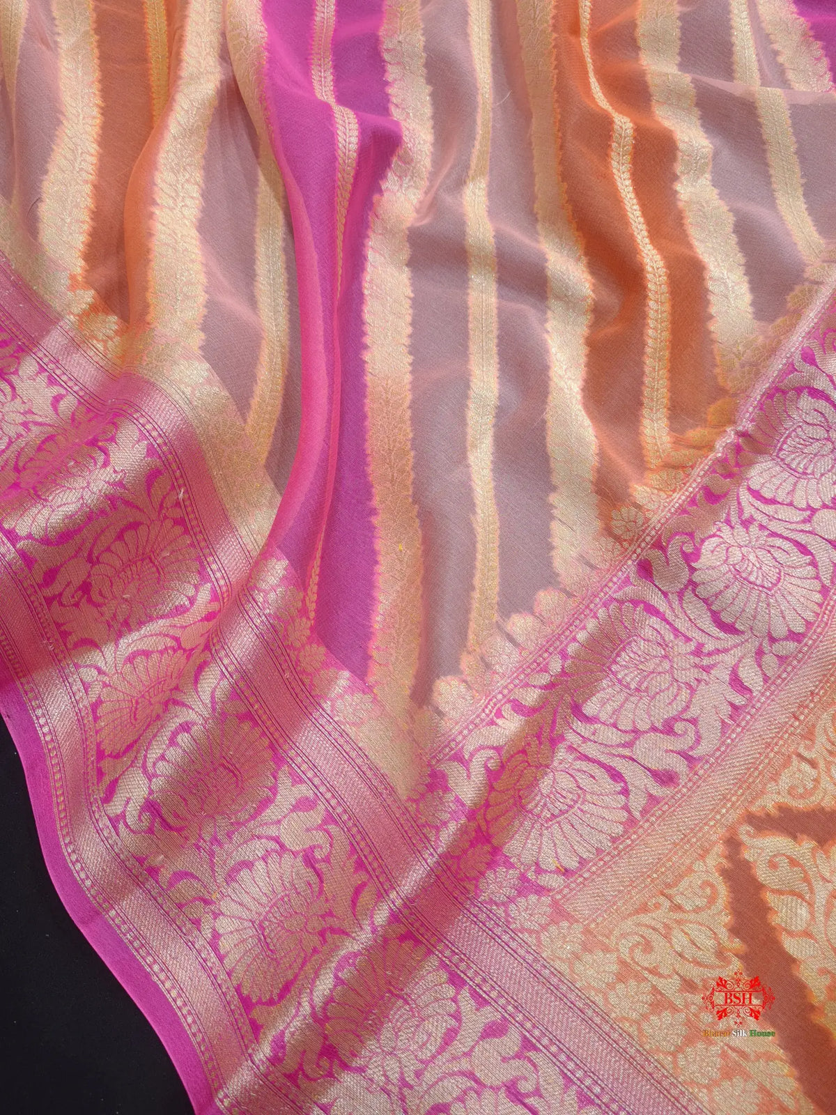 Multi Colour Pure Chiffon Handbrush Dyed Reshmi Zari Silk Saree - Bharat Silk House Chiffon Sarees