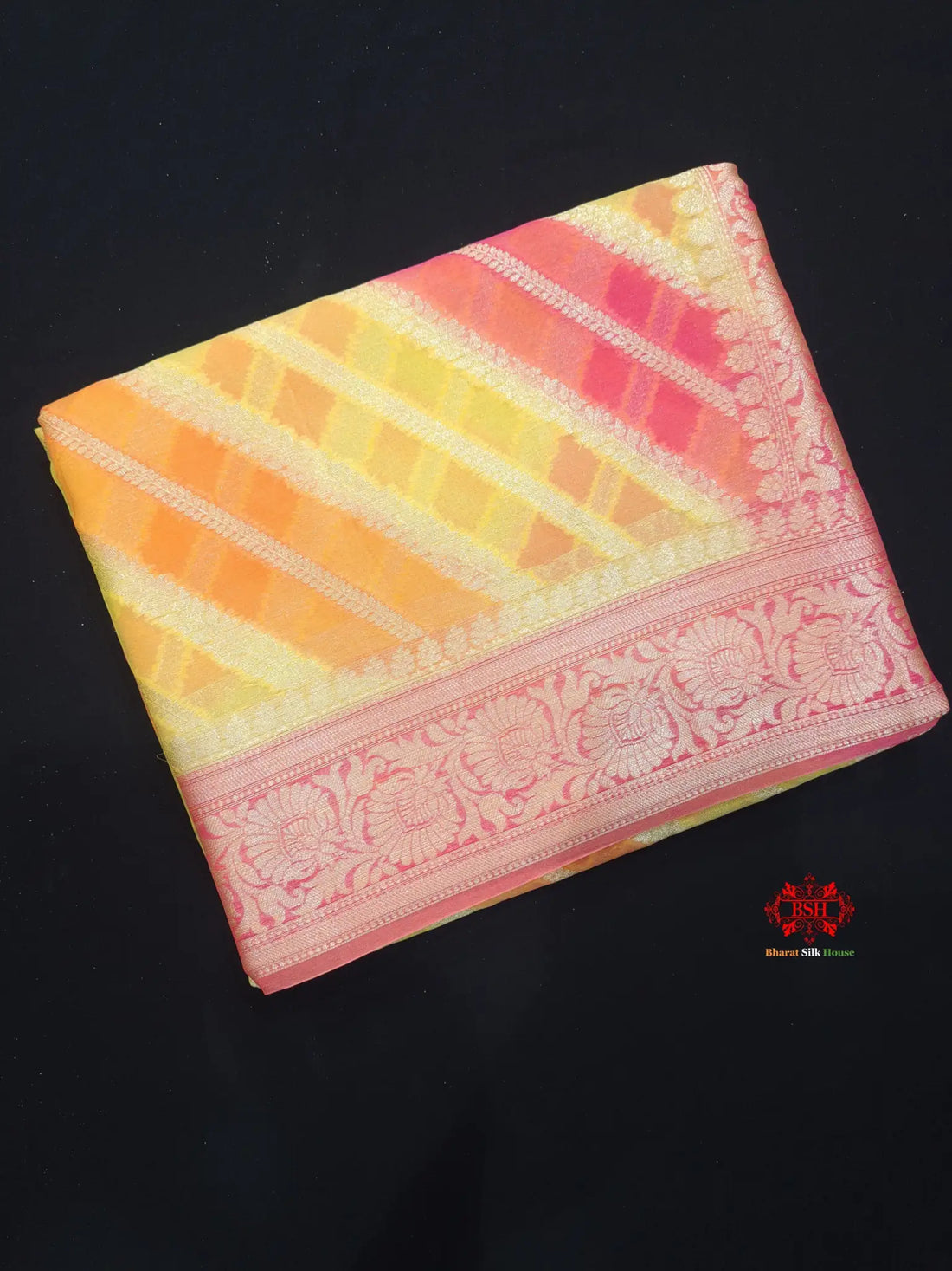 Multi Colour Pure Chiffon Handbrush Dyed Reshmi Zari Silk Saree - Bharat Silk House Chiffon Sarees