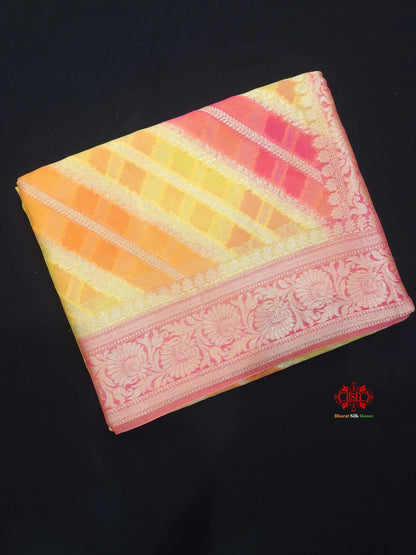 Multi Colour Pure Chiffon Handbrush Dyed Reshmi Zari Silk Saree - Bharat Silk House Chiffon Sarees