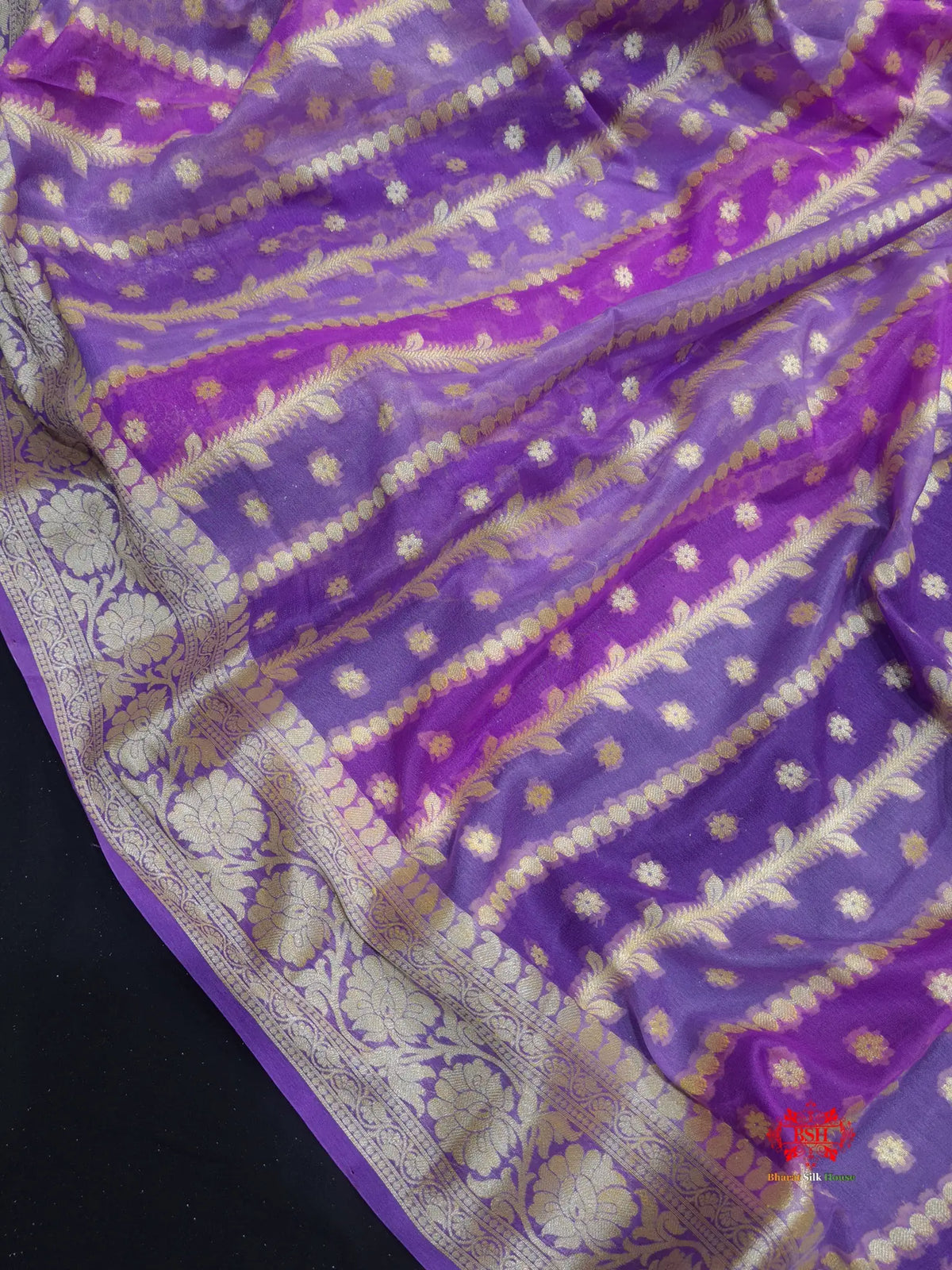 Multi Colour Pure Chiffon Handbrush Dyed Reshmi Zari Silk Saree - Bharat Silk House Chiffon Sarees