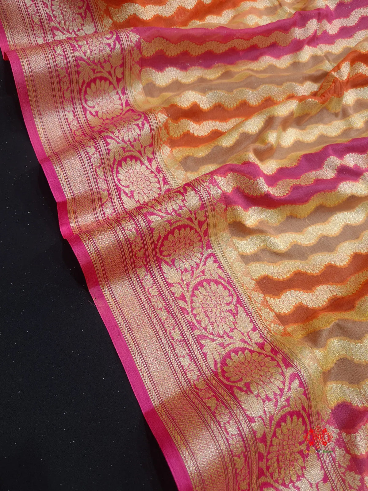 Multi Colour Pure Chiffon Handbrush Dyed Reshmi Zari Silk Saree - Bharat Silk House Chiffon Sarees