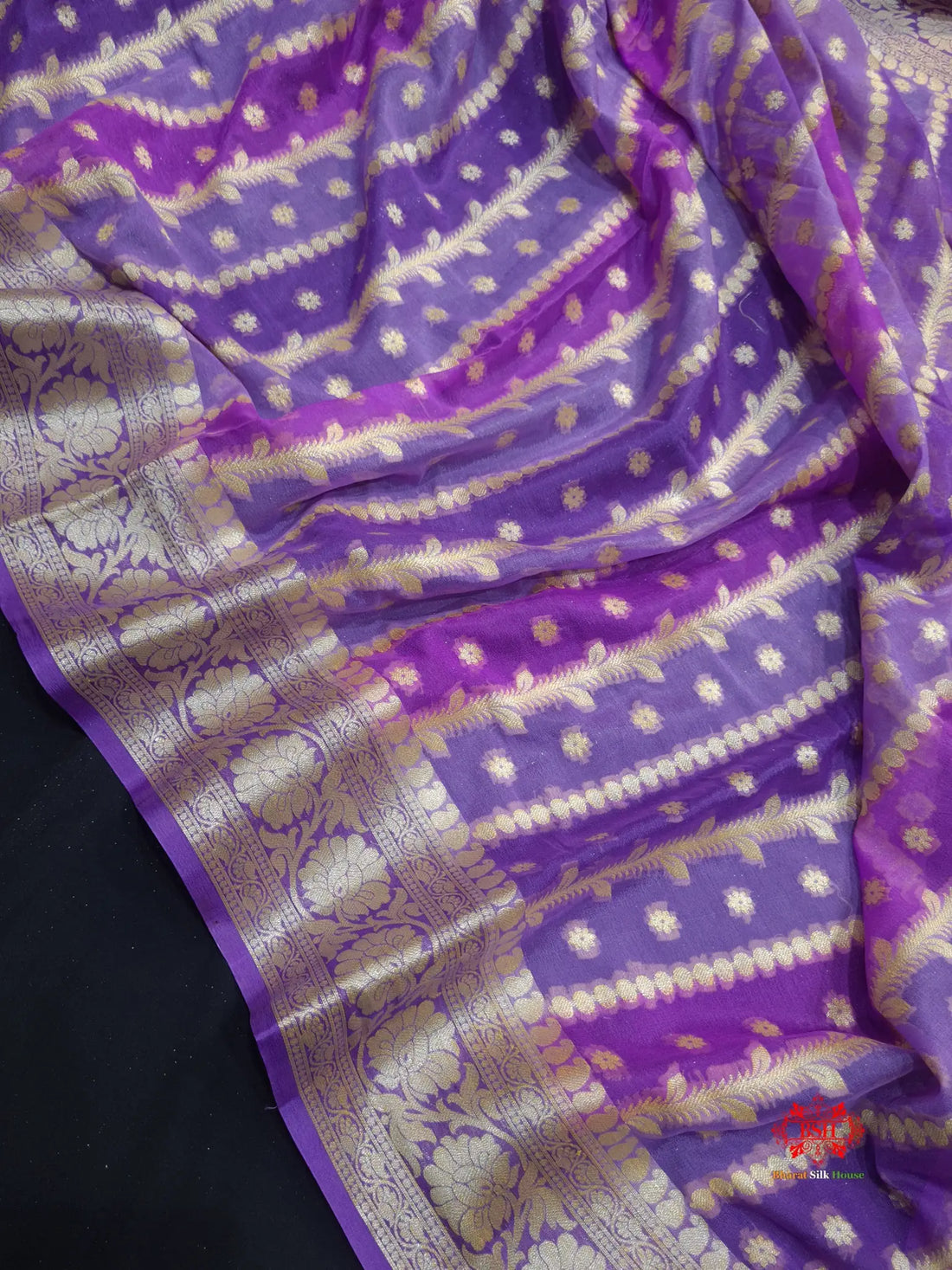 Multi Colour Pure Chiffon Handbrush Dyed Reshmi Zari Silk Saree - Bharat Silk House Chiffon Sarees