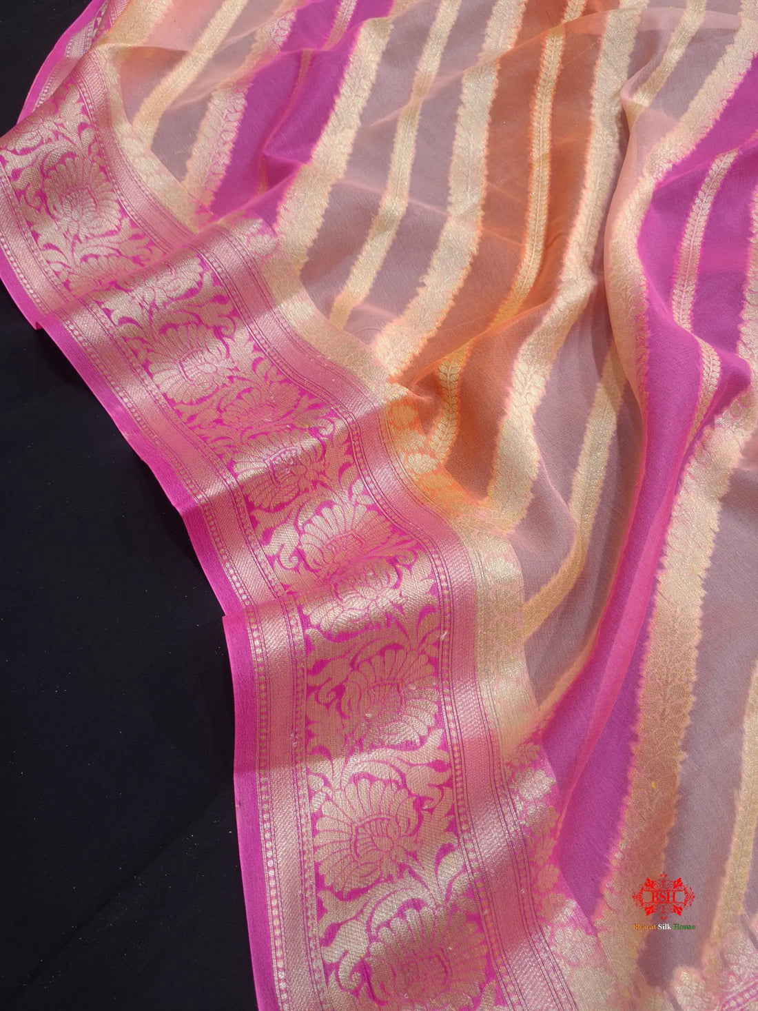 Multi Colour Pure Chiffon Handbrush Dyed Reshmi Zari Silk Saree - Bharat Silk House Chiffon Sarees